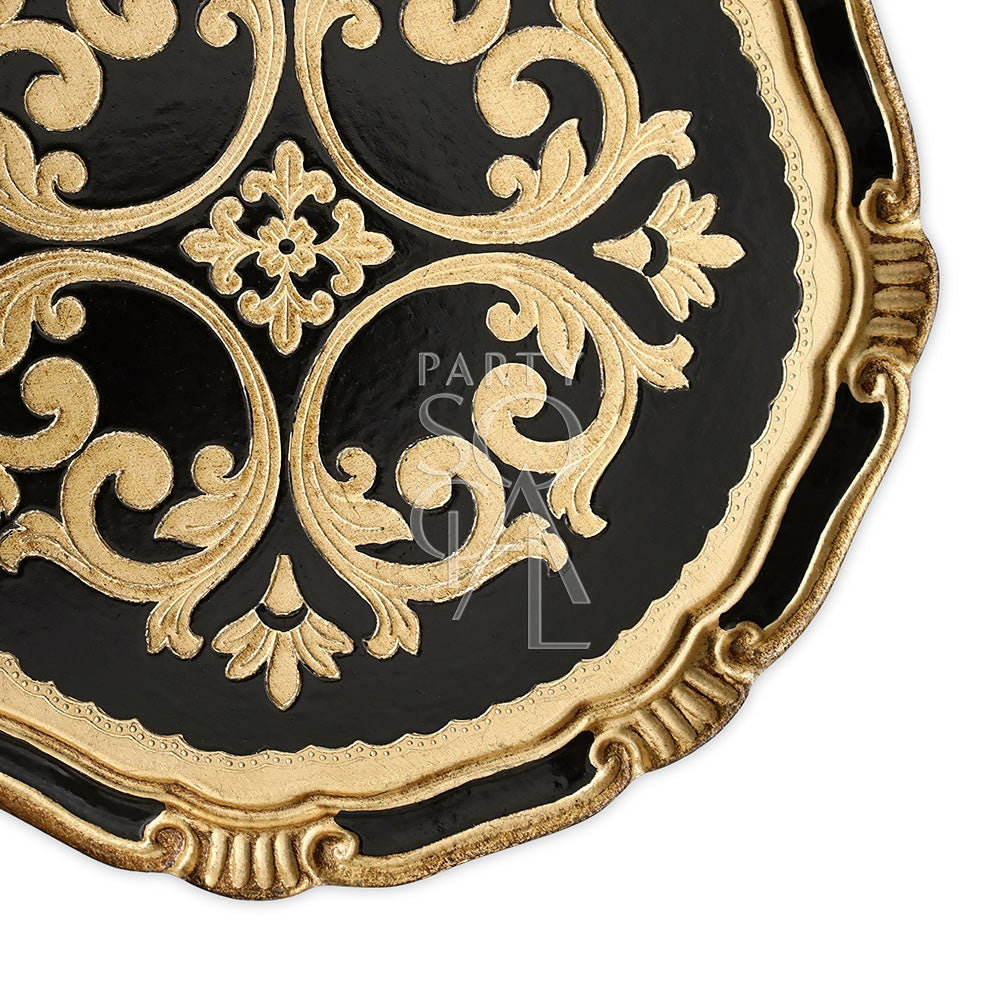 Charger Plate - Florentine Antique: A handcrafted black and gold plate with intricate designs, ideal for elegant table settings; reflects traditional Florentine craftsmanship.