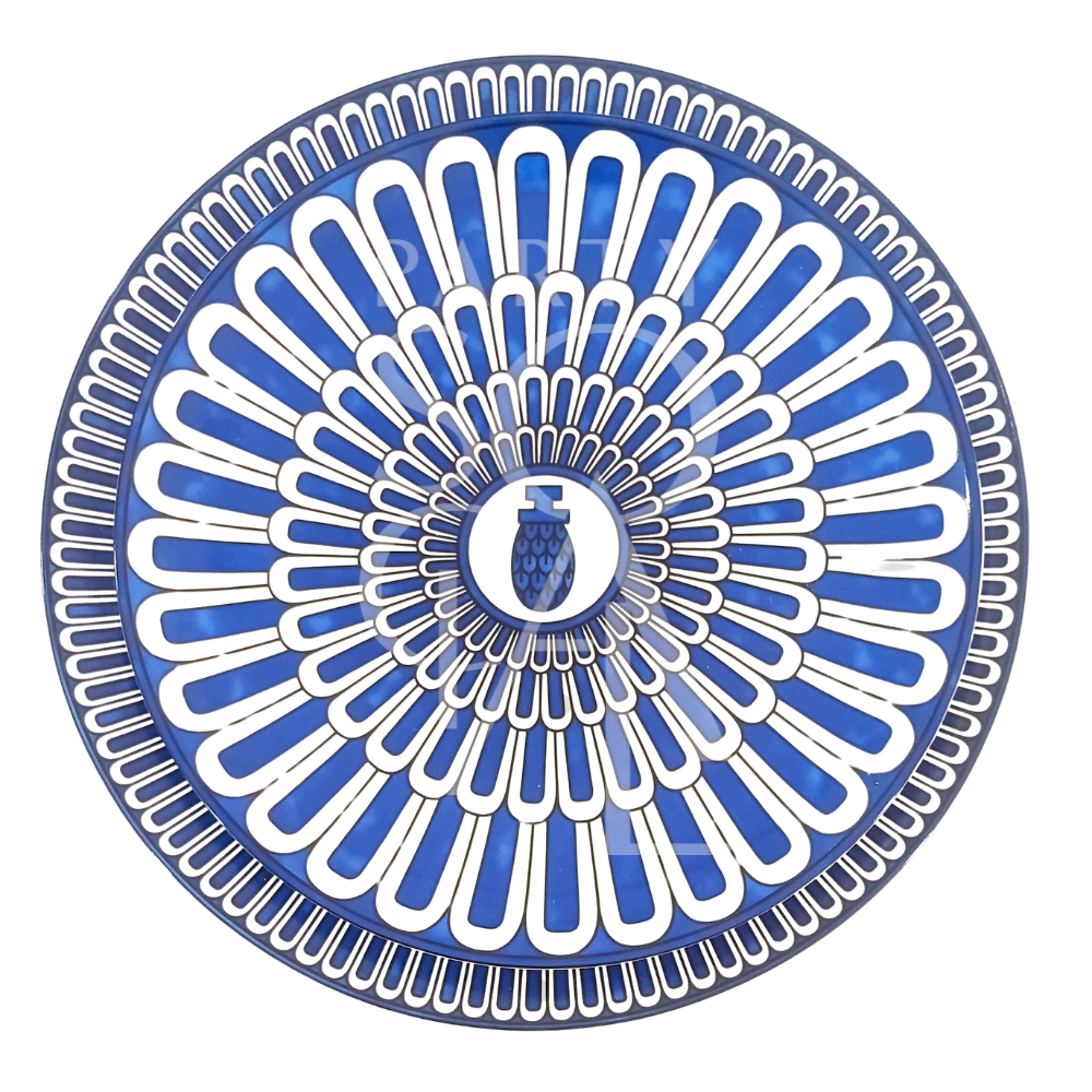 Geometric Blue Plates with concentric teardrop designs, ideal for enhancing event tableware with a modern, ornamental touch.