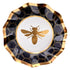 HoneyBee Paper Appetizer & Dessert Bowls - 8 per package, featuring a ruffled edge design with a metallic gold rim. Perfect for adding elegance to events. Bee motif on a gold oval plate.