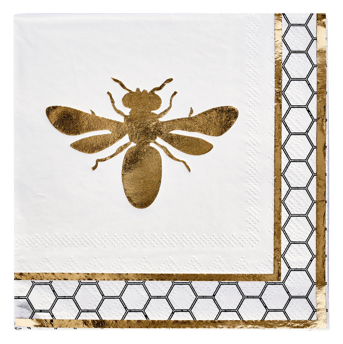 Paper cocktail napkins featuring a gold-painted bee design, ideal for parties. Elevate your dining experience with HoneyBee Paper Cocktail Napkins. From Party Social&