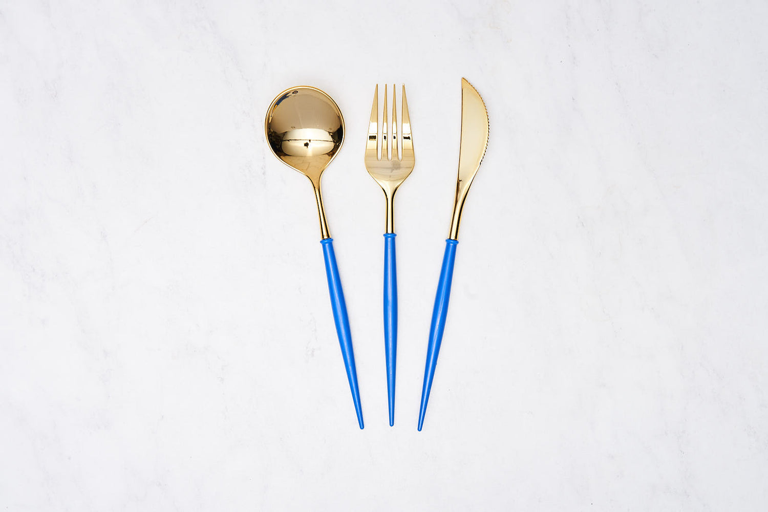 Bella Plastic Cutlery in Gold and Blue by Sophistiplate, featuring a sleek modern design with a spoon, fork, and knife, ideal for elevating any event setting.