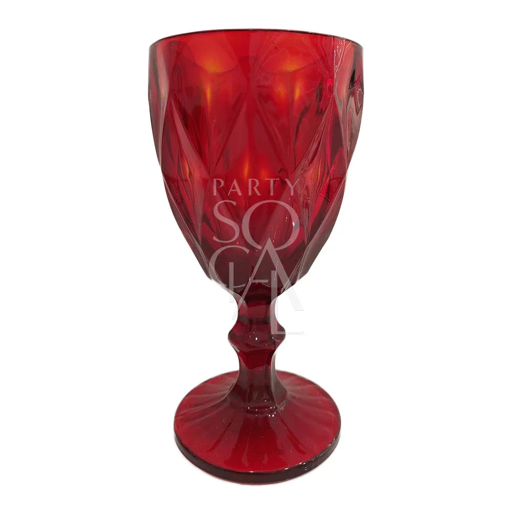 Red Vintage Diamond Pattern Goblet, featuring intricate diamond-cut design, ideal for adding elegance to any table setting or event hosted by Party Social.