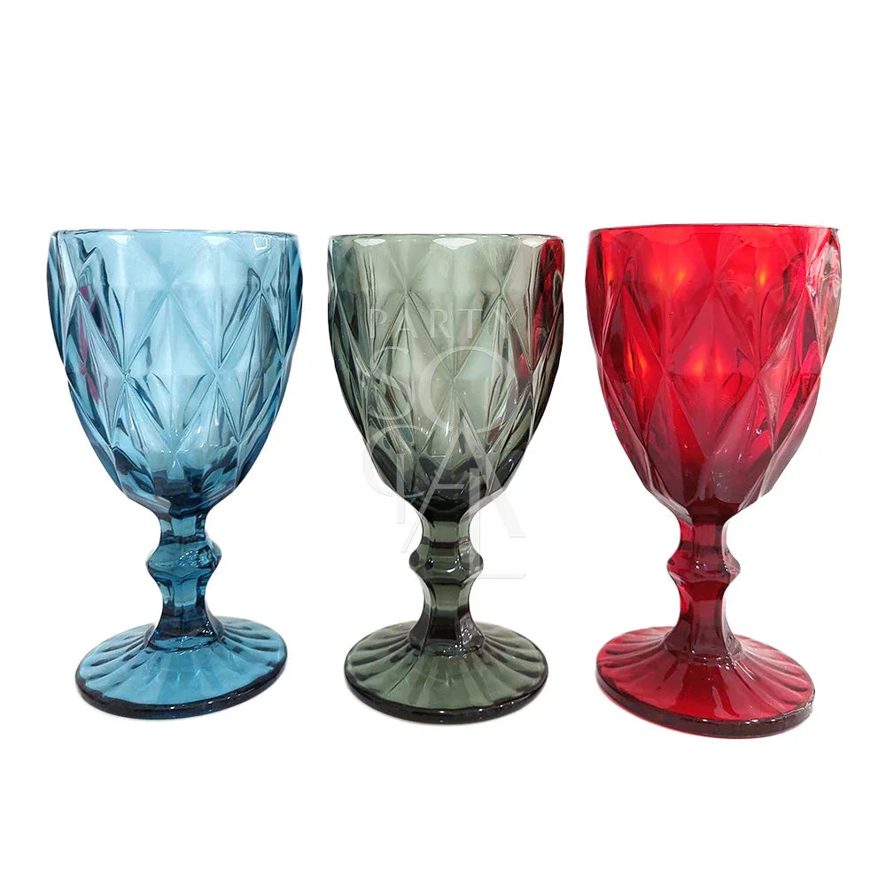 Red Vintage Diamond Pattern Goblets in light blue, smoky green, and deep red, featuring diamond-cut texture on short fluted stems, perfect for elegant table settings.