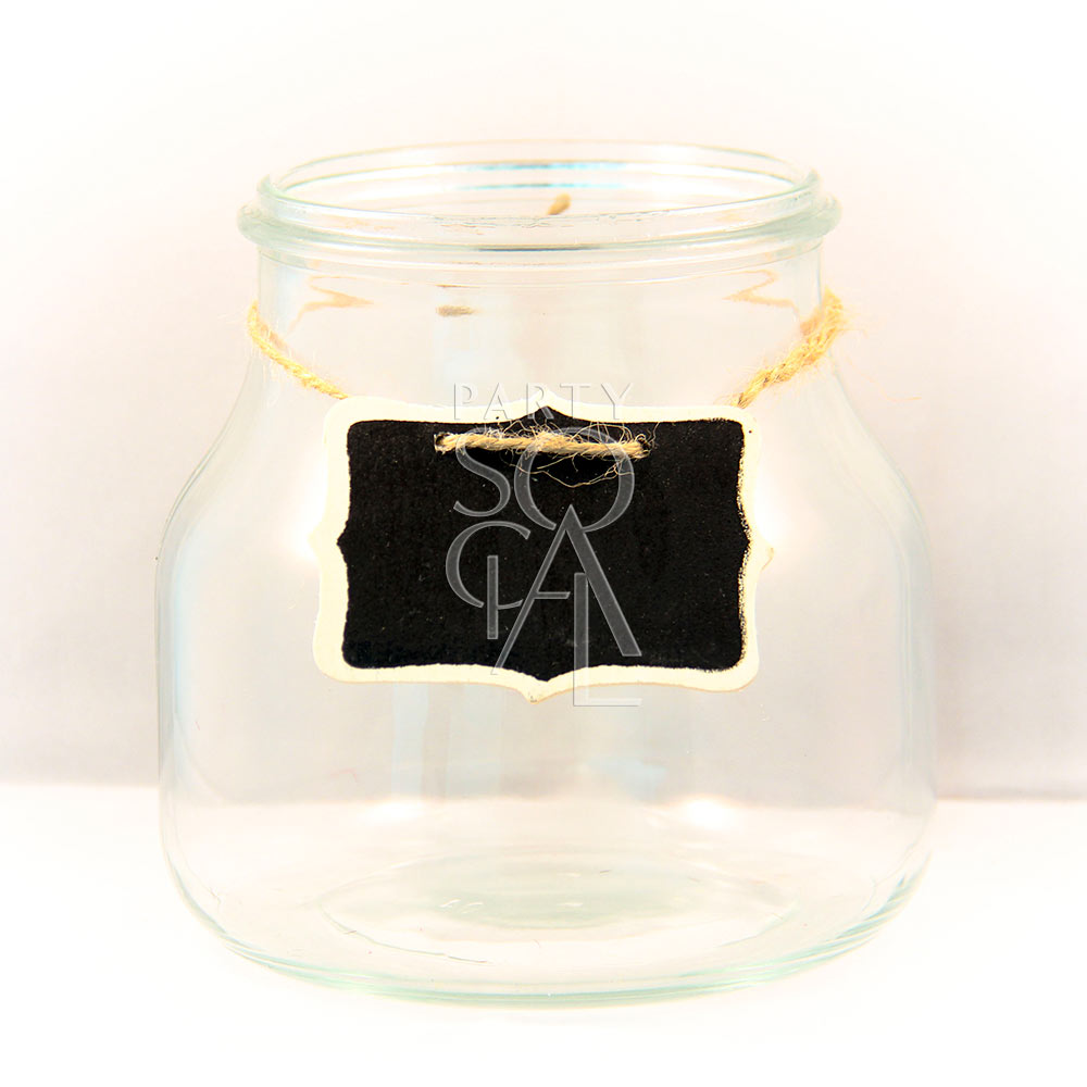 VINTAGE GLASS VASE in a mason jar style, featuring a black label. Ideal for event decor, versatile for flowers or themed displays.