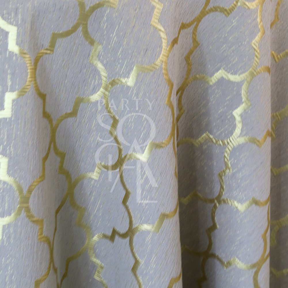 Golden Lattice Tablecloth featuring a metallic gold trellis design on a pale base, ideal for elegant events like weddings or evening parties.