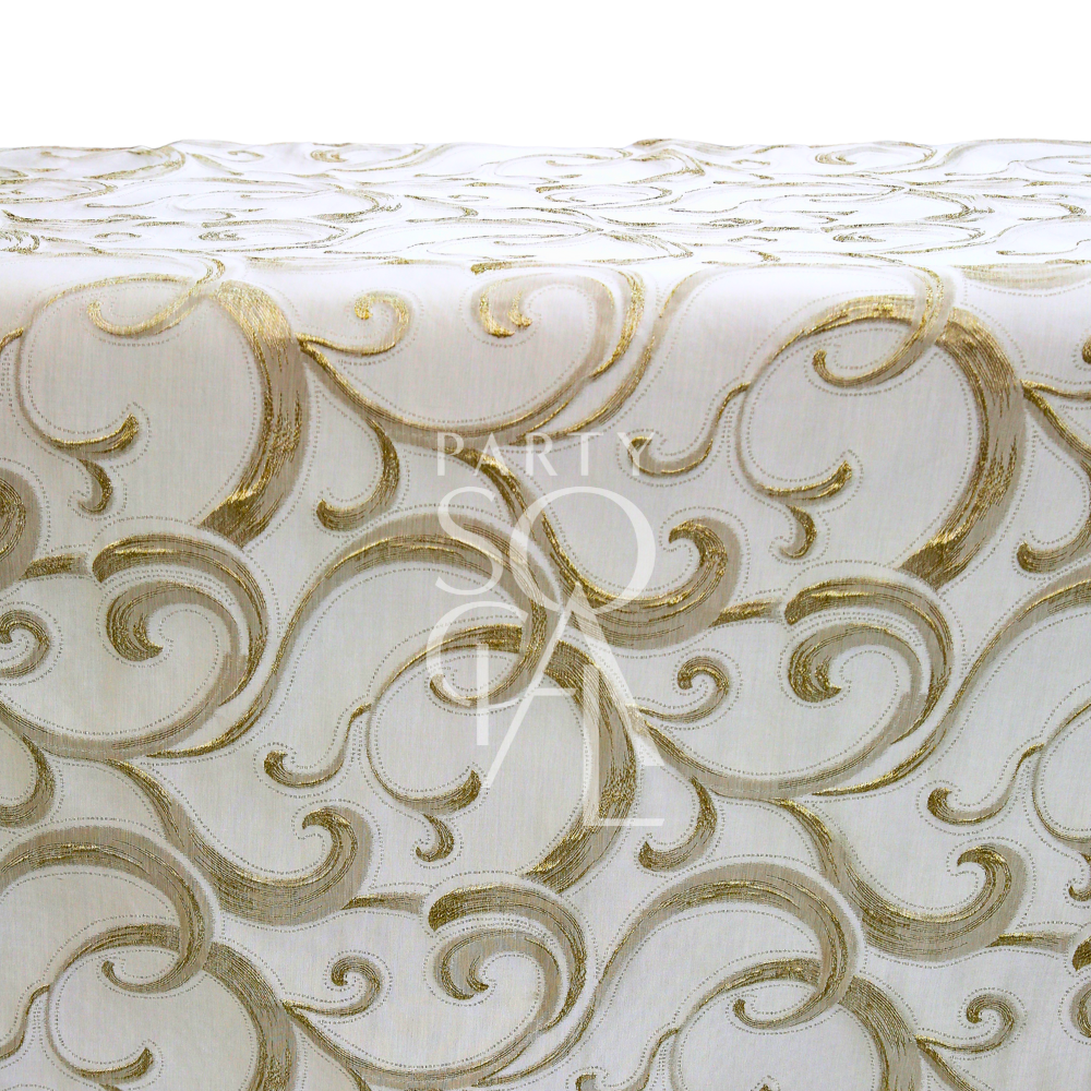 Gold Scroll Embroidered Tablecloth with intricate metallic-gold scroll patterns on a creamy-white fabric, ideal for adding elegance to event settings.