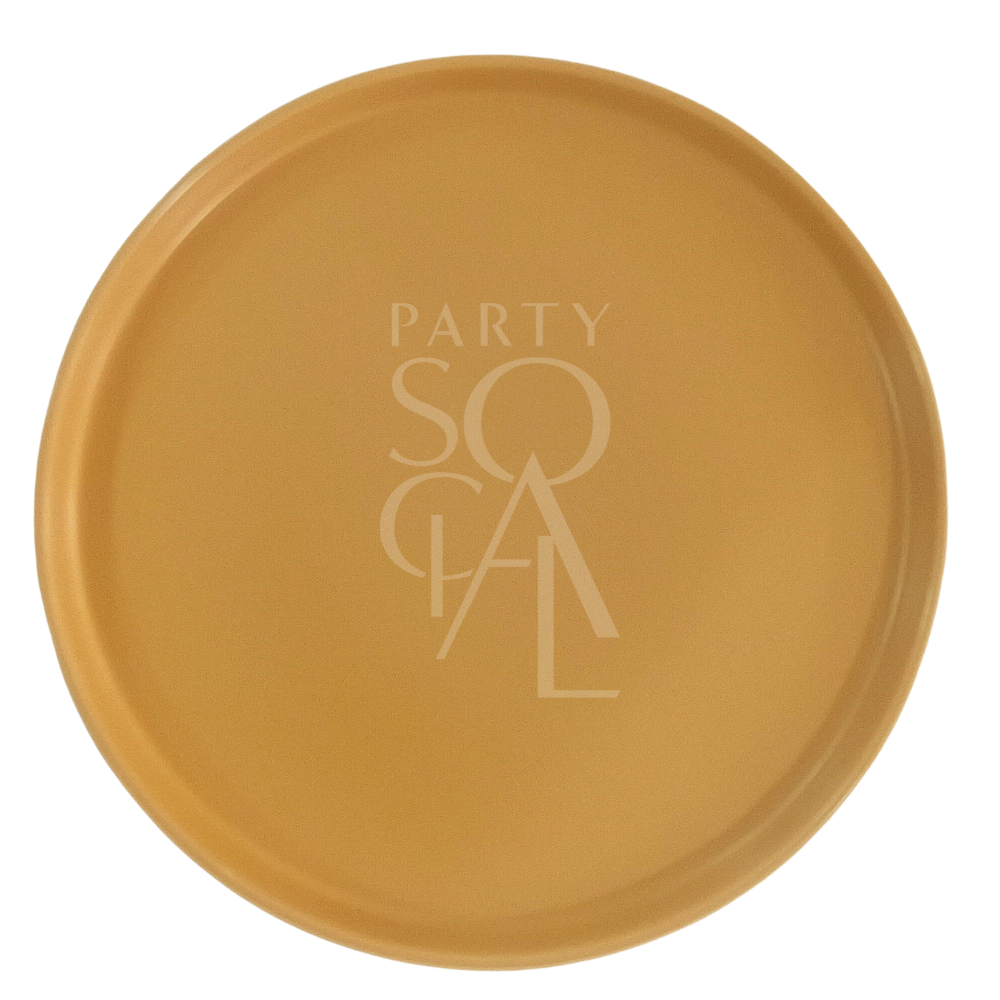 Mustard Ceramic Matte Plate featuring PARTY SOCIAL imprint, ideal for enhancing modern, natural-themed event settings.
