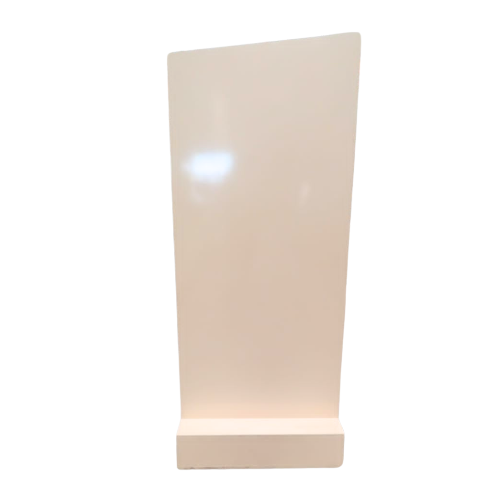 ANGLED WALL BACKDROP, a sleek white rectangular backdrop with a subtle light reflection, ideal for enhancing event aesthetics. Customizable color options available.