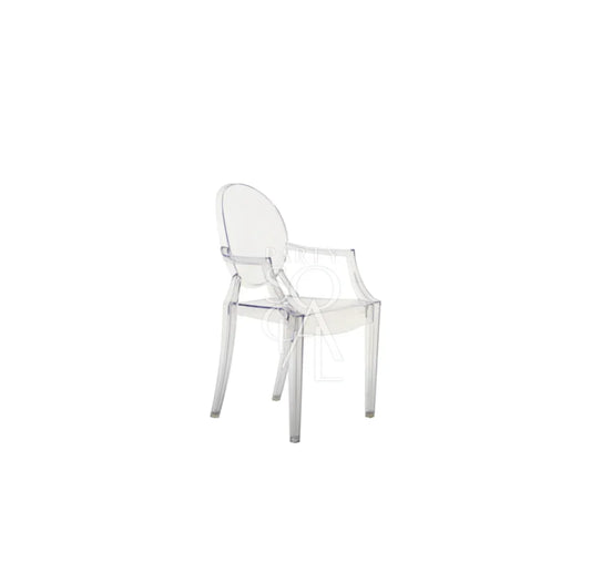 Mini Ghost Chair with arms, transparent design, ideal for versatile party themes, commonly used in kids' parties by Party Social.