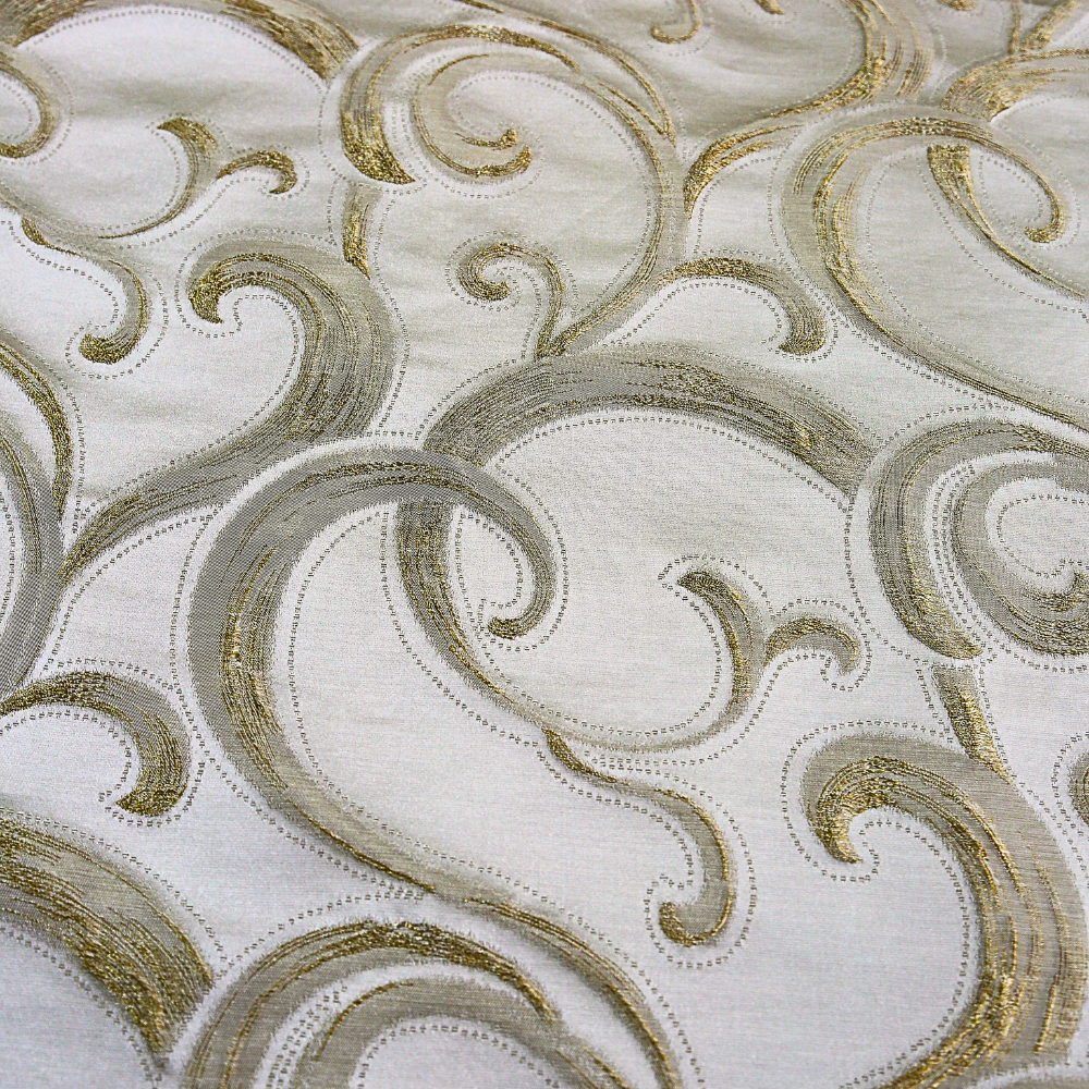 Gold Scroll Embroidered Tablecloth with intricate gold scrolls and textured dots on ivory, ideal for elegant events, reflecting Party Social&