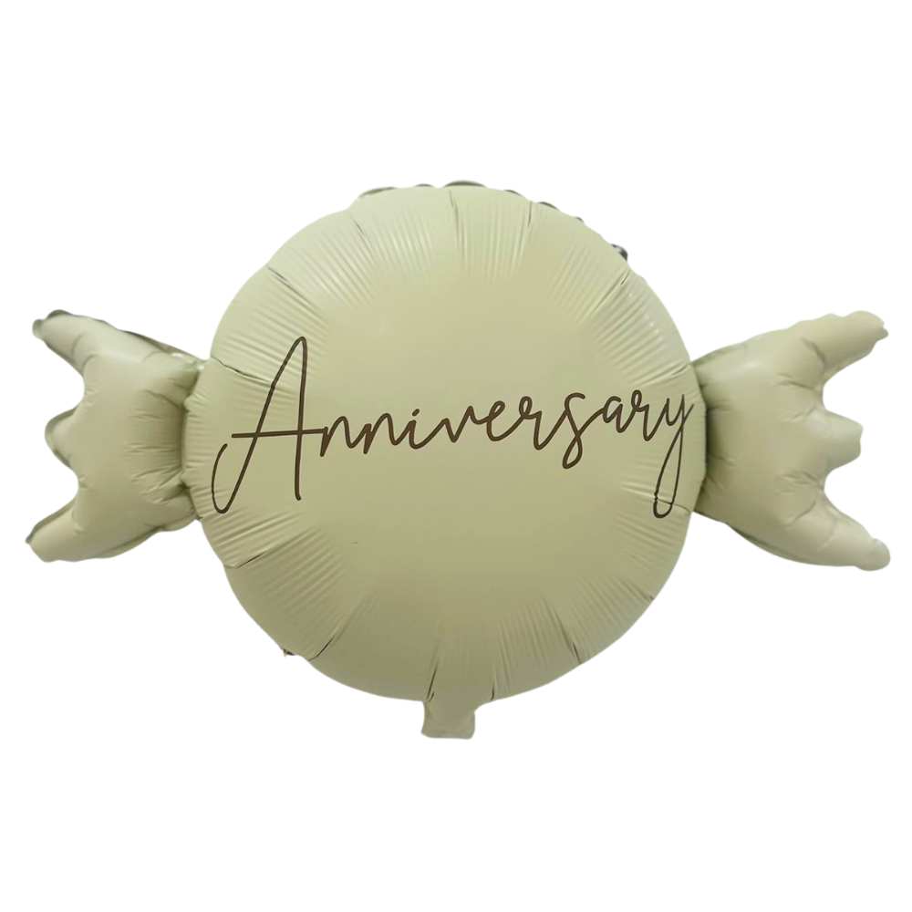 Anniversary Foil Balloon shaped like wrapped candy, with Anniversary across the center, ideal for adding a festive touch to celebrations.