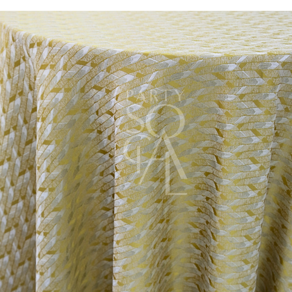 GEOMETRIC YELLOW TABLE CLOTH with a white arrow-like pattern, ideal for events, prominently displayed with a “PARTY CAL” watermark across its center.