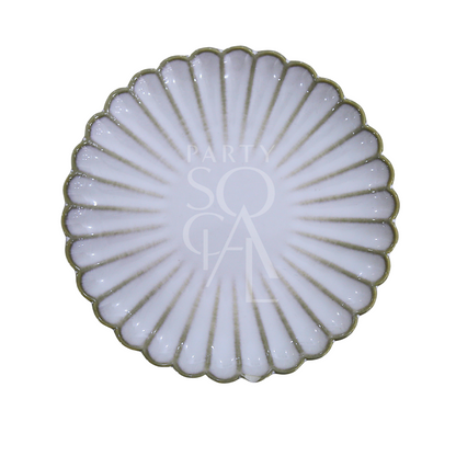 SCALLOPED LIKE PLATES: White ceramic plate with scalloped edges and gold rim, featuring a shell-like design with fluted segments, ideal for elegant dining settings.