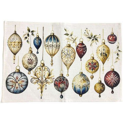 Jewel Cling Linen Placemat set with vintage-style ornaments, enhancing your festive table with elegant, old-world charm. Pack of four.