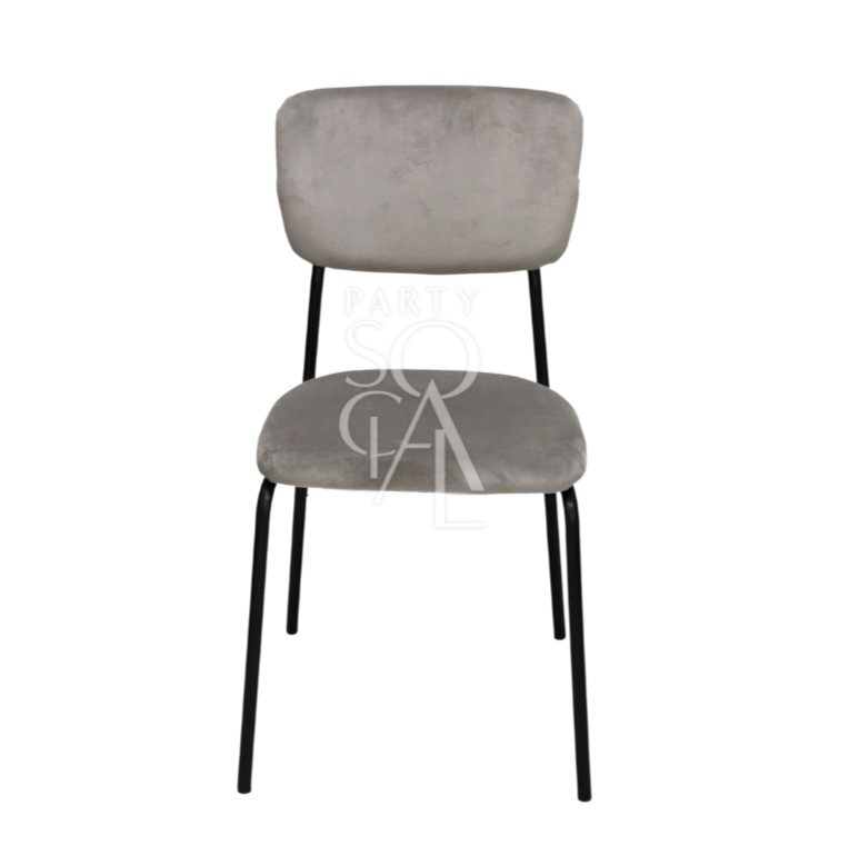 SIMPLE VELVET CHAIRS featuring a sleek grey design with black legs, ideal for events like weddings and corporate functions, available from Party Social.