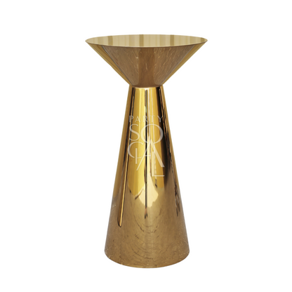 Gold Mirror Cocktail Table with a sleek, cone-shaped base, ideal for various events and occasions, reflecting Party Social&