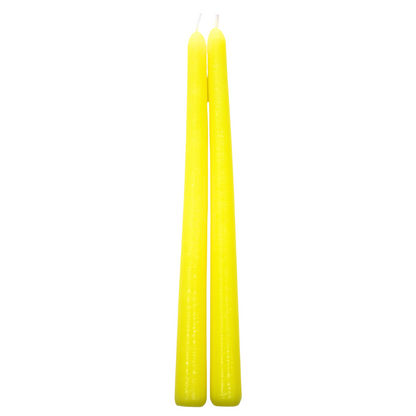 Tapered Flame Smokeless Candles, two slender yellow tapers, artisanally crafted in Belgium, perfect for creating a warm ambiance at events. Sold in pairs.