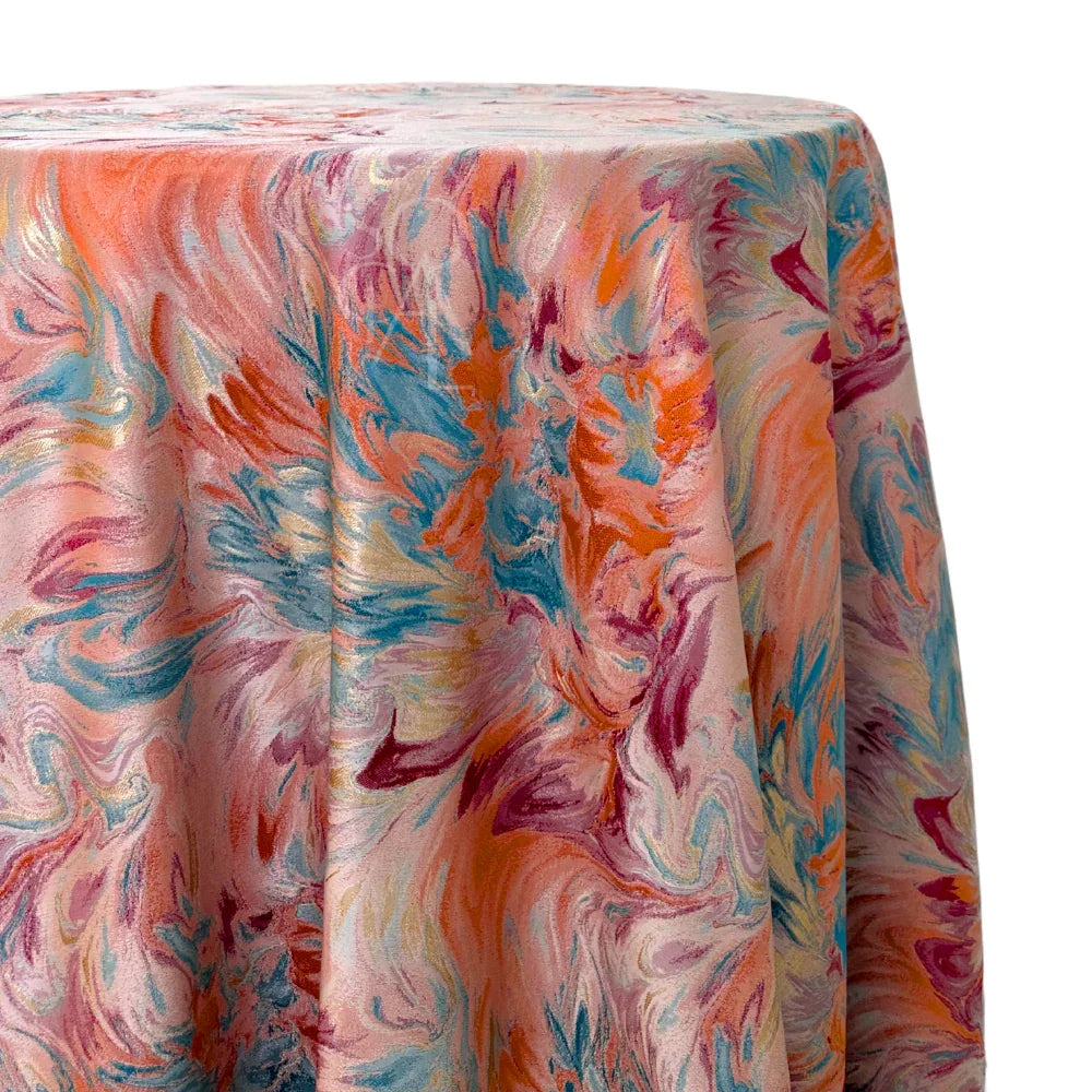 ABSTRACT SWIRL PATTERN ROUND TABLECLOTH showcasing a luxurious abstract swirl design, perfect for elevating event décor at weddings, dinners, and special occasions.