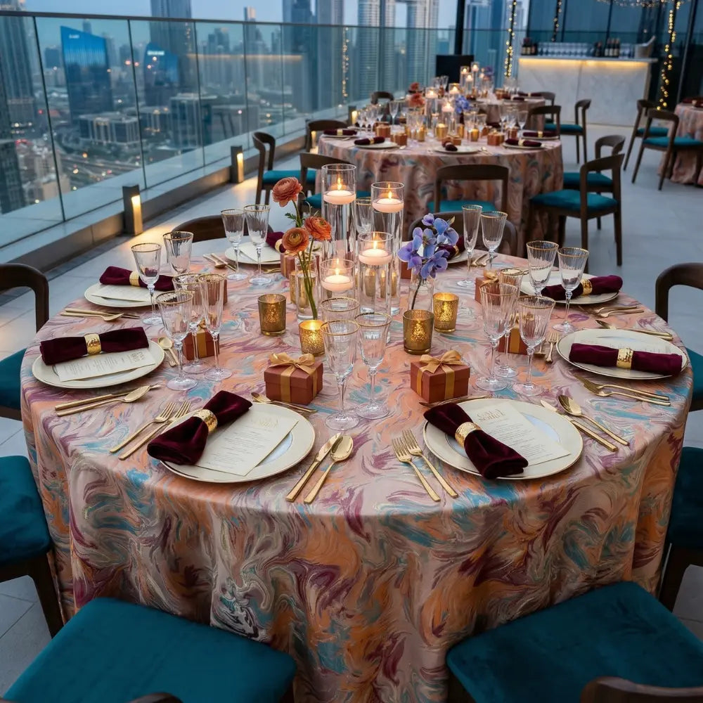 Rooftop dining setup with ABSTRACT SWIRL PATTERN ROUND TABLECLOTH, adorned with gold flatware, crystal glassware, and teal chairs, exuding luxury and elegance.
