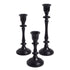 Antique Black Candle Holder Set of 3 in varied heights, featuring turned-style bases, perfect for enhancing rustic or premium event decor.