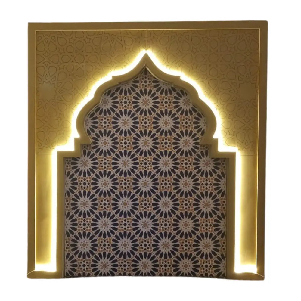 ARABIC STYLE ARCH W / LED Lights: Decorative wall-mounted panel with a gold-toned frame, arabesque motifs, and geometric tile pattern, ideal for event backdrops.
