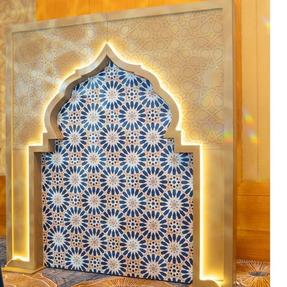 Arabic Style Arch with LED Lights, featuring intricate blue and white circular patterns, perfect for enhancing event backdrops from Party Social.