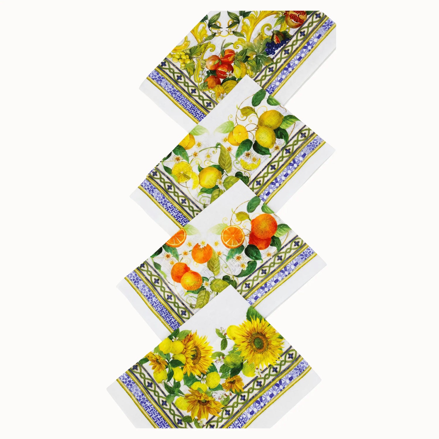 Set of four colorful napkins with floral and fruit designs on a white background