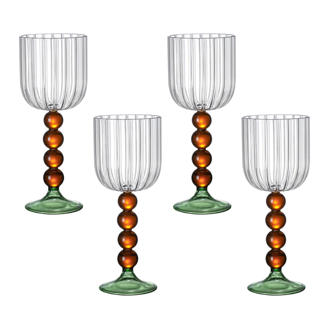 Amber Bead Stem Glass - Set of 4 features clear fluted bowls, amber bead stems, and green bases, ideal for elevating party table settings.