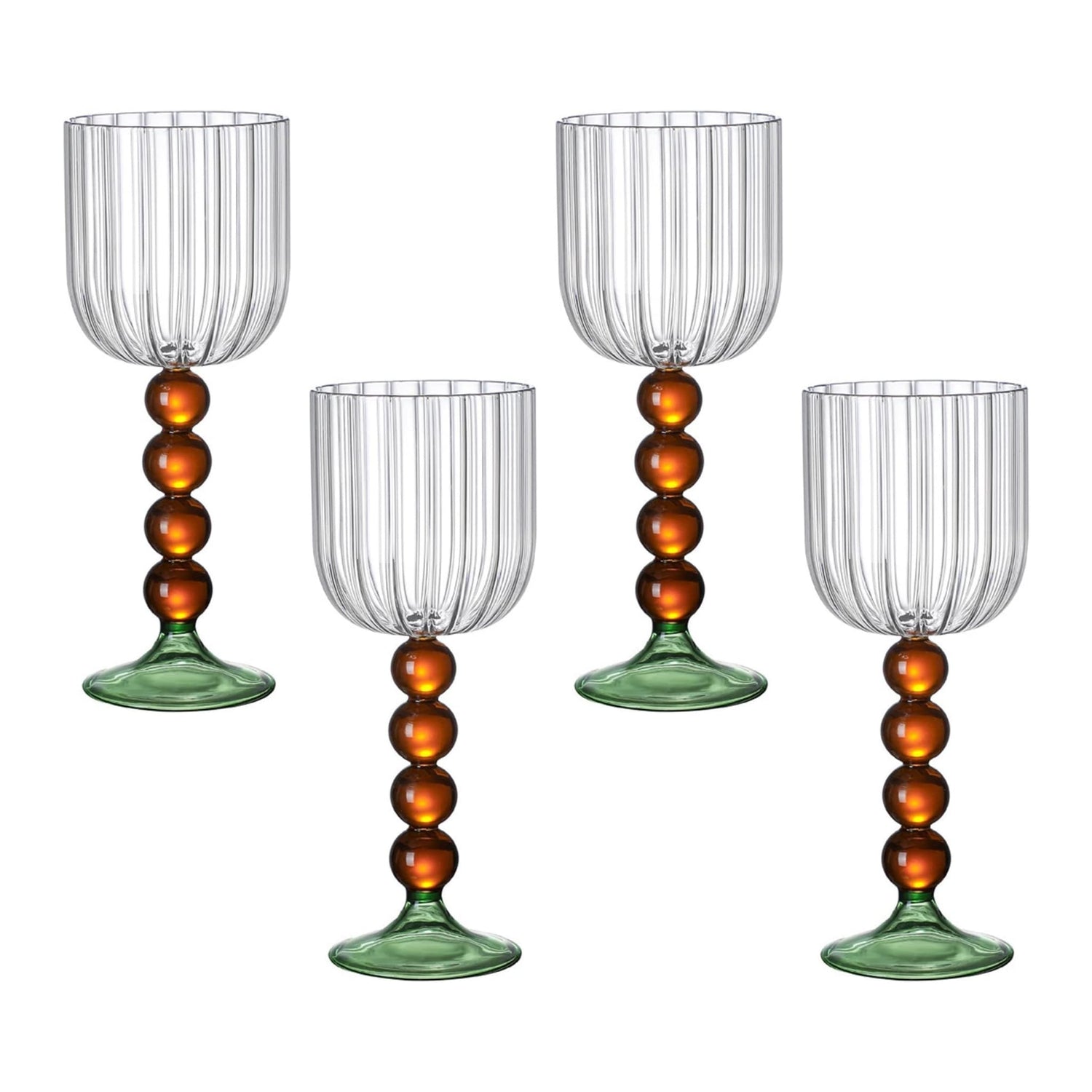 Amber Bead Stem Glass - Set of 4 features clear fluted bowls, amber bead stems, and green bases, ideal for elevating party table settings.