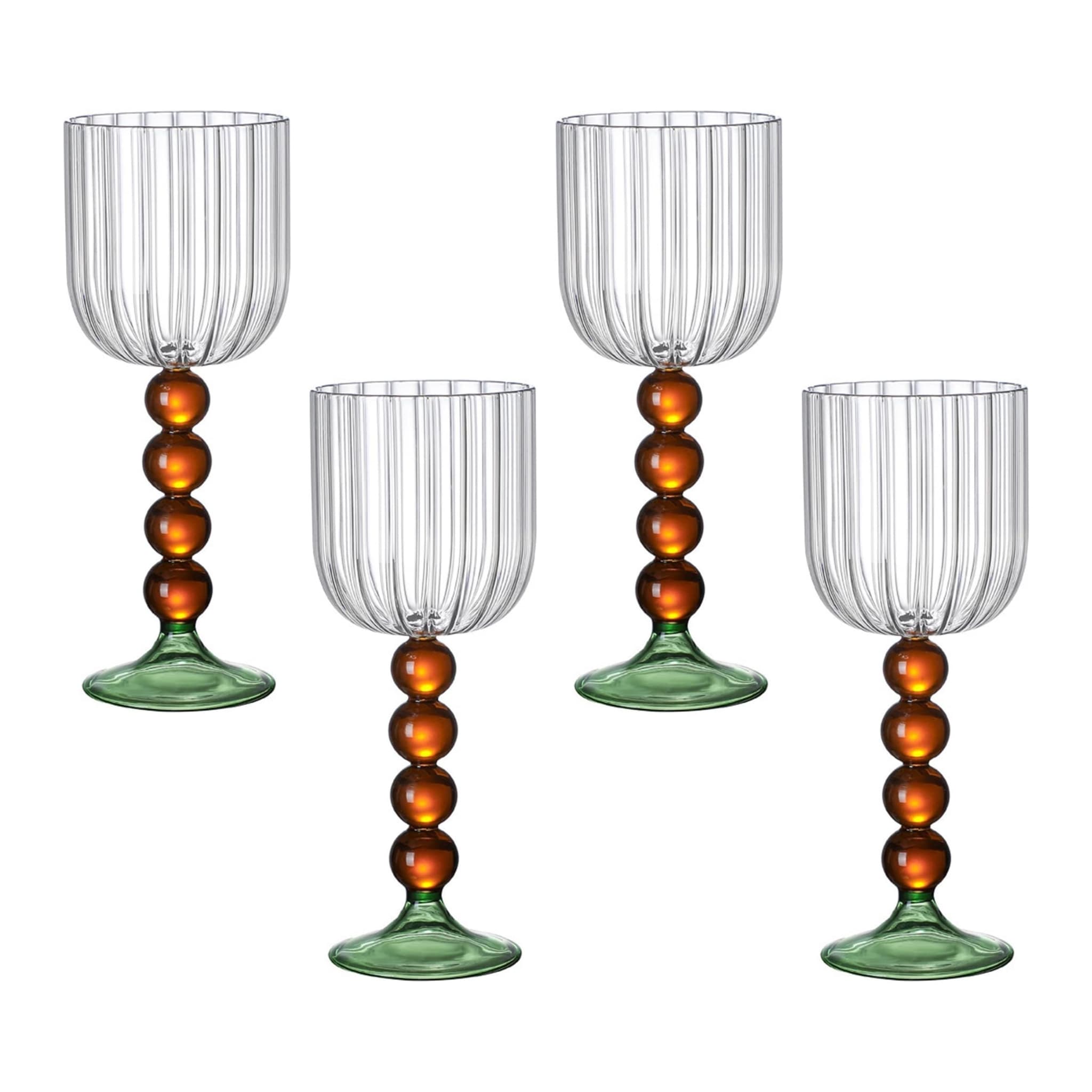 Amber Bead Stem Glass - Set of 4 features clear fluted bowls, amber bead stems, and green bases, ideal for elevating party table settings.
