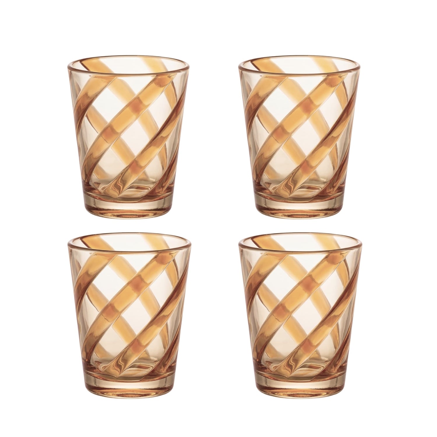 Amber Spiral Colored Acrylic Glass - Set of 4, featuring elegant diagonal swirl patterns, ideal for stylish and practical use at parties and events.