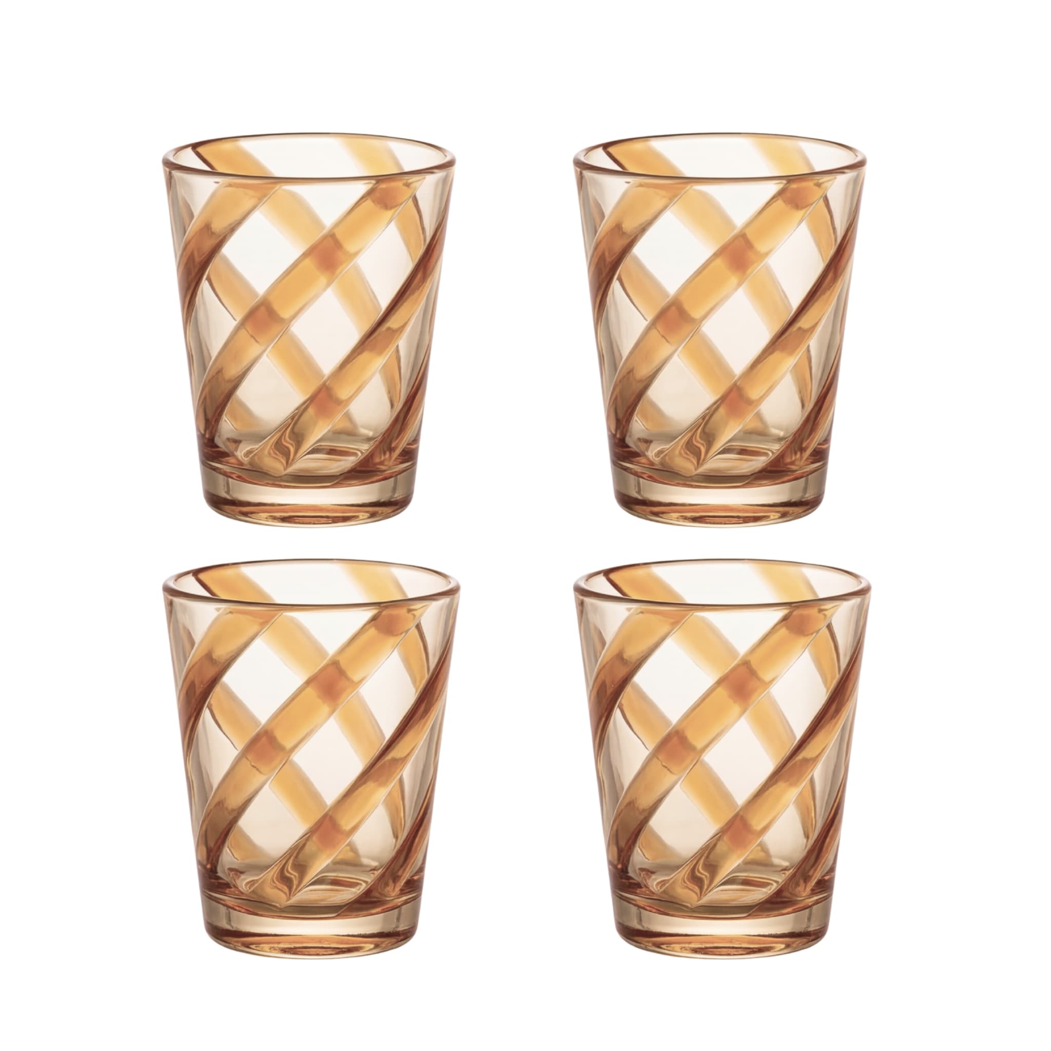 Amber Spiral Colored Acrylic Glass - Set of 4, featuring elegant diagonal swirl patterns, ideal for stylish and practical use at parties and events.