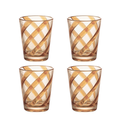 Amber Spiral Colored Acrylic Glass - Set of 4, featuring elegant diagonal swirl patterns, ideal for stylish and practical use at parties and events.