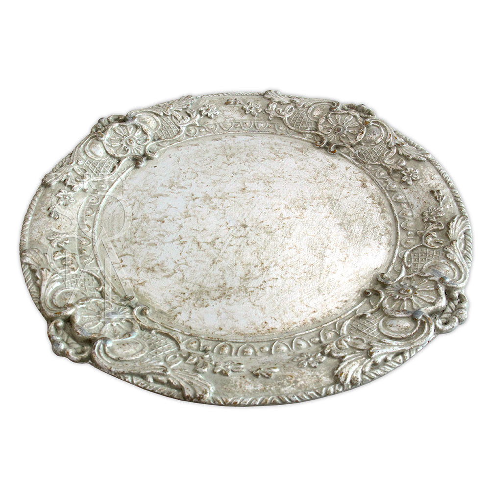 Florentine Antique Wood Charger Plate, ideal for elegant table setups, handcrafted with classic Italian design, lightweight, perfect for luxurious dining occasions.