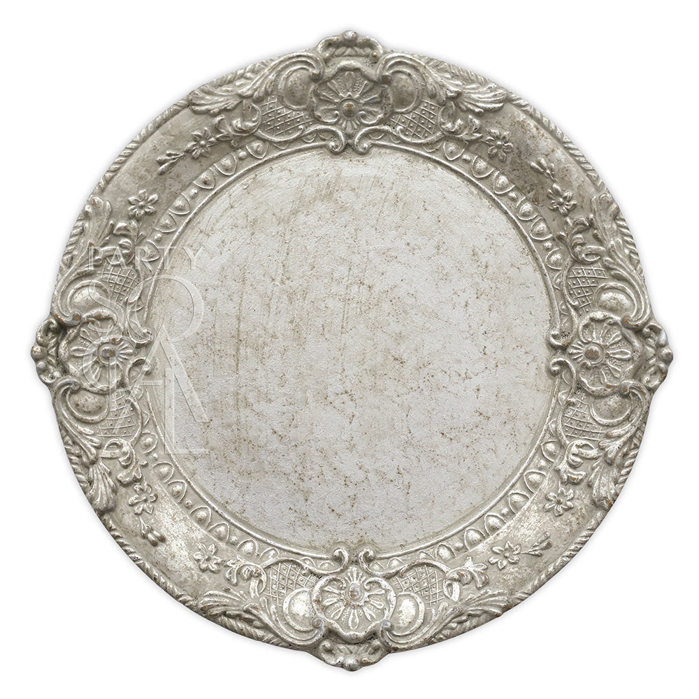 Charger Plate - Florentine Antique Wood: A round silver plate with intricate floral designs, perfect for luxurious table setups at events.