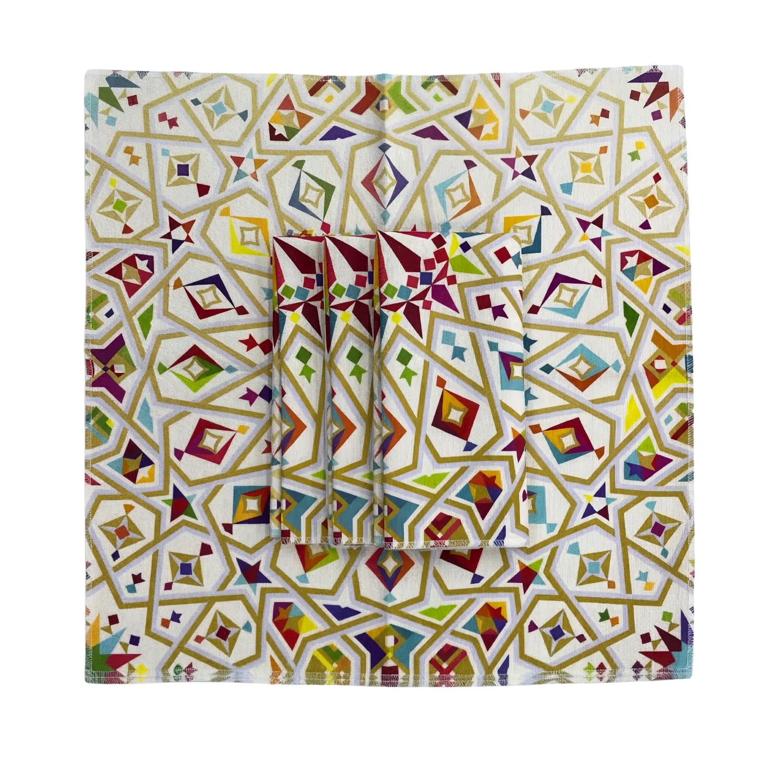 Arabesque Polyester Linen Napkin- Set of 4 featuring vibrant geometric patterns, ideal for elegant table settings at parties and events.