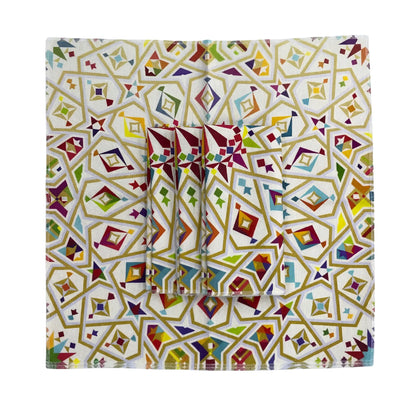 Arabesque Polyester Linen Napkin- Set of 4 featuring vibrant geometric patterns, ideal for elegant table settings at parties and events.