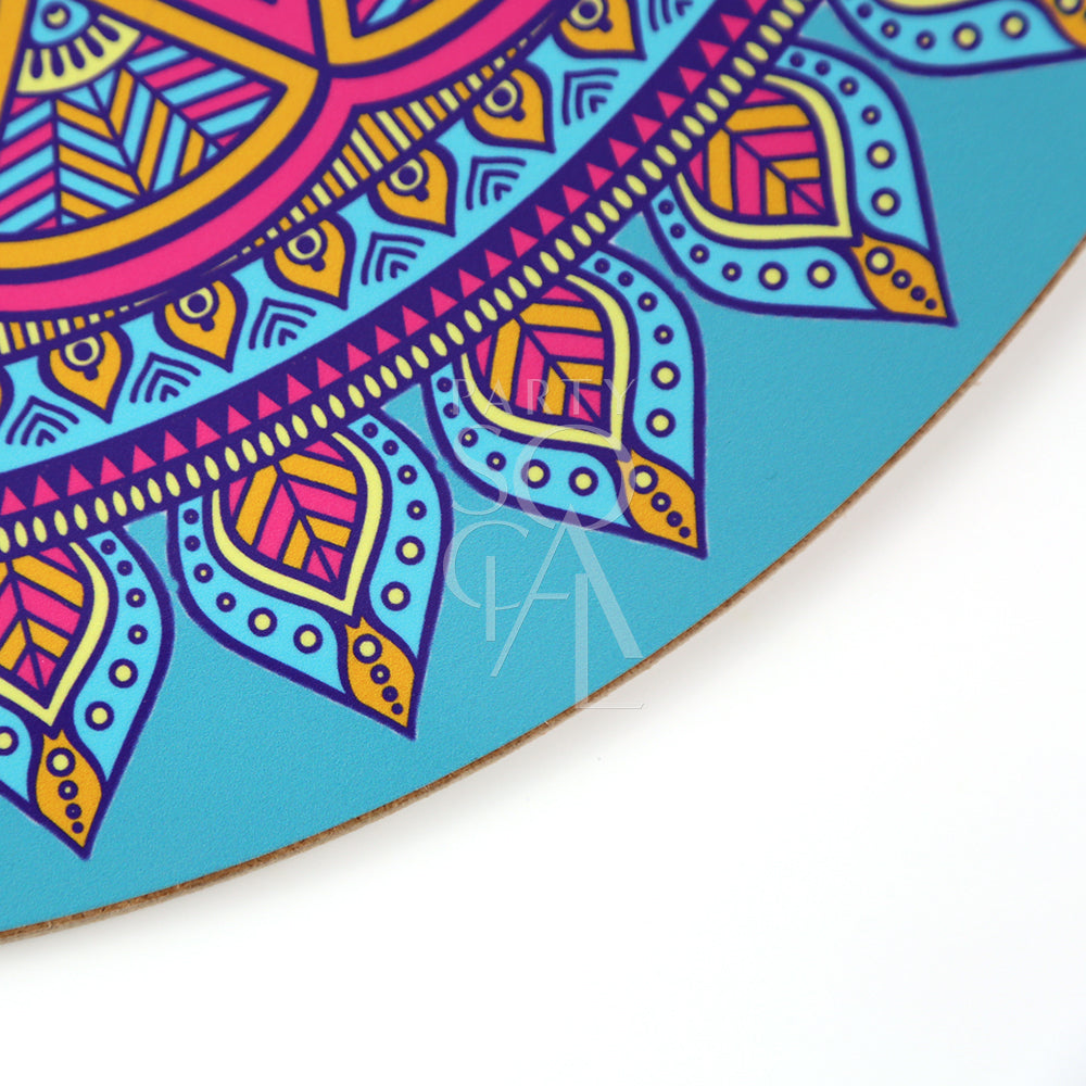 ARABESQUE WOOD PLACEMAT featuring a blue and pink mandala design, ideal for adding elegance to party or event table settings.