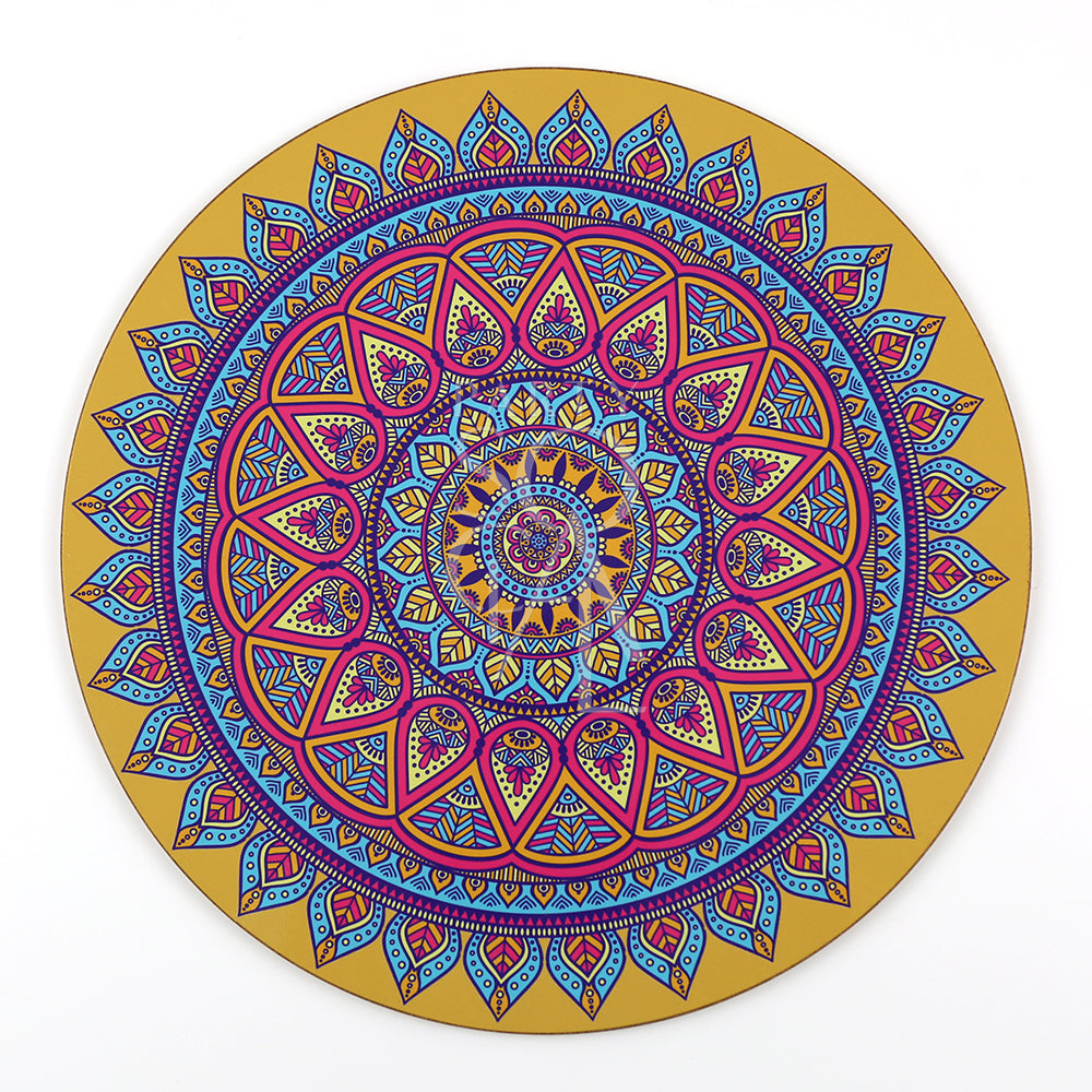 ARABESQUE WOOD PLACEMAT featuring a colorful mandala design, perfect for adding elegance to any event setting. Made of MDF, measures 0.5cm H x 37cm Dia.