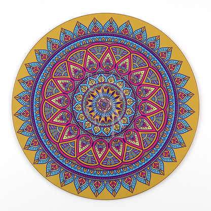 ARABESQUE WOOD PLACEMAT featuring a colorful mandala design, perfect for adding elegance to any event setting. Made of MDF, measures 0.5cm H x 37cm Dia.