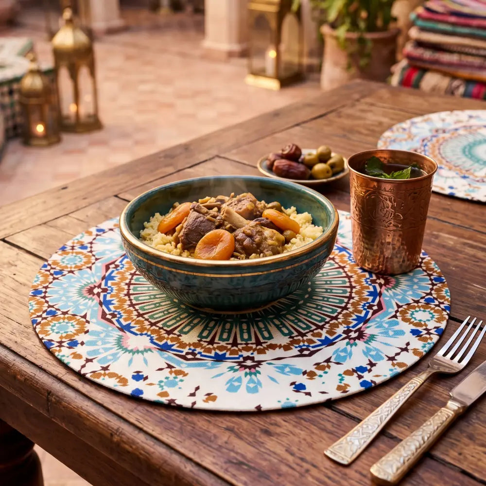 Arabesque Polyester Linen Placemats elegantly complement a formal dining setup with gold accents and floral centerpiece, enhancing the luxurious table arrangement for special occasions.