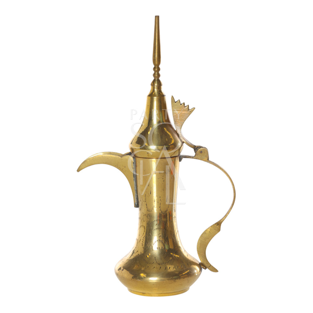 Dallah Arabic Coffee Pot with a pointy handle, ideal for serving traditional Gulf coffee or as a decorative piece, perfect for event settings. 28cm H.