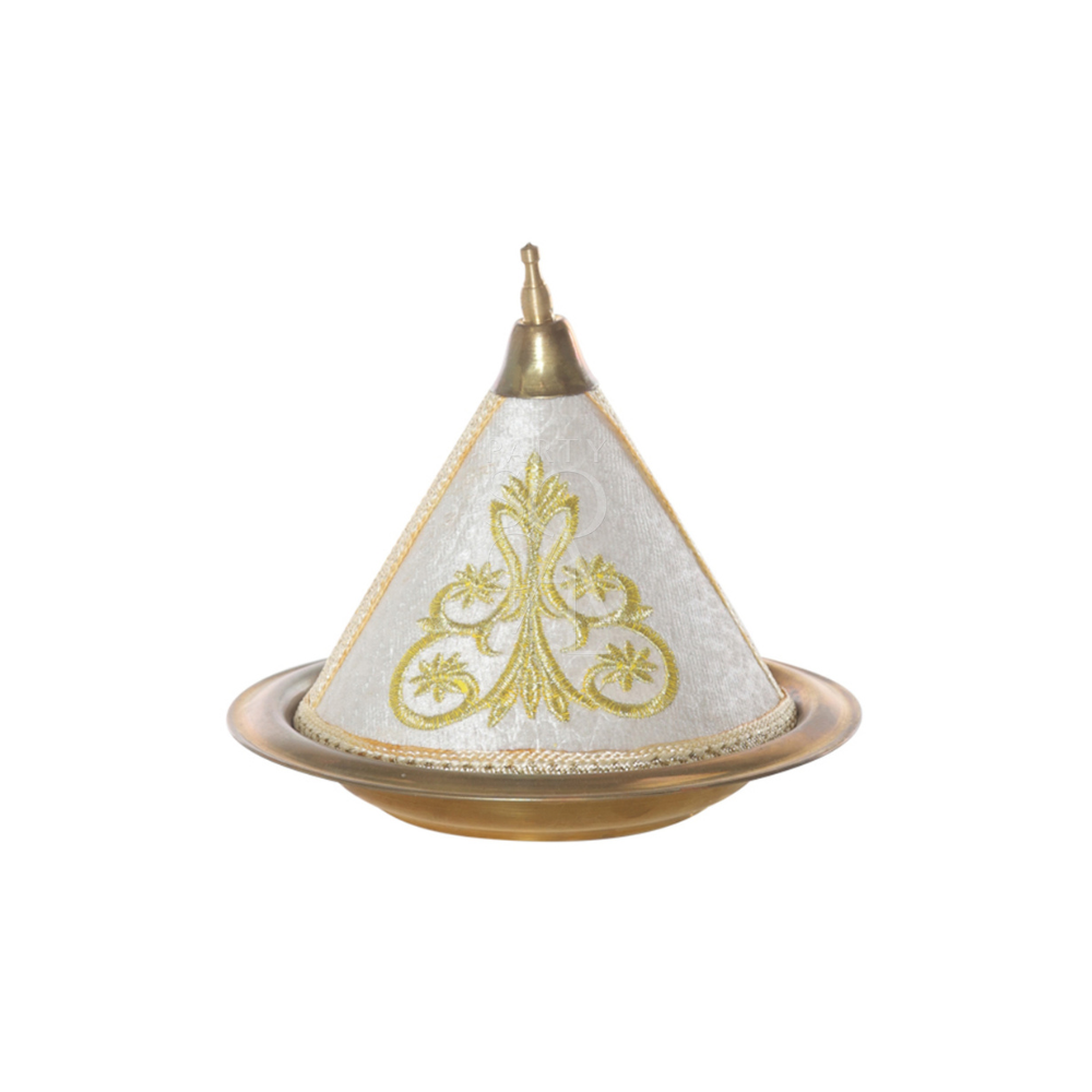 Arabic White Tajine with gold embroidery, cone-shaped, ideal for Arabic events. Measures 16cm in height and diameter, perfect for party settings.