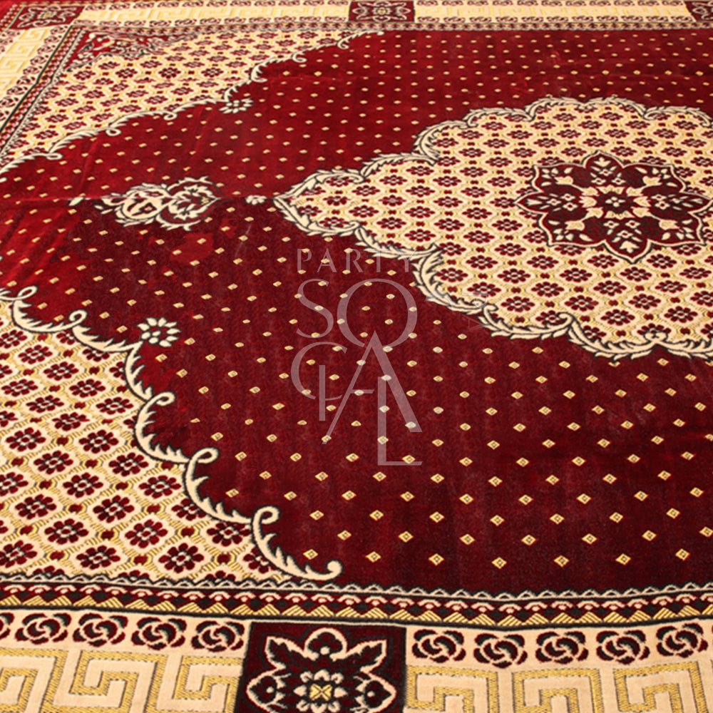 Rug Oriental Red with intricate white and yellow designs, ideal for enhancing event settings with a touch of elegance and cultural richness.