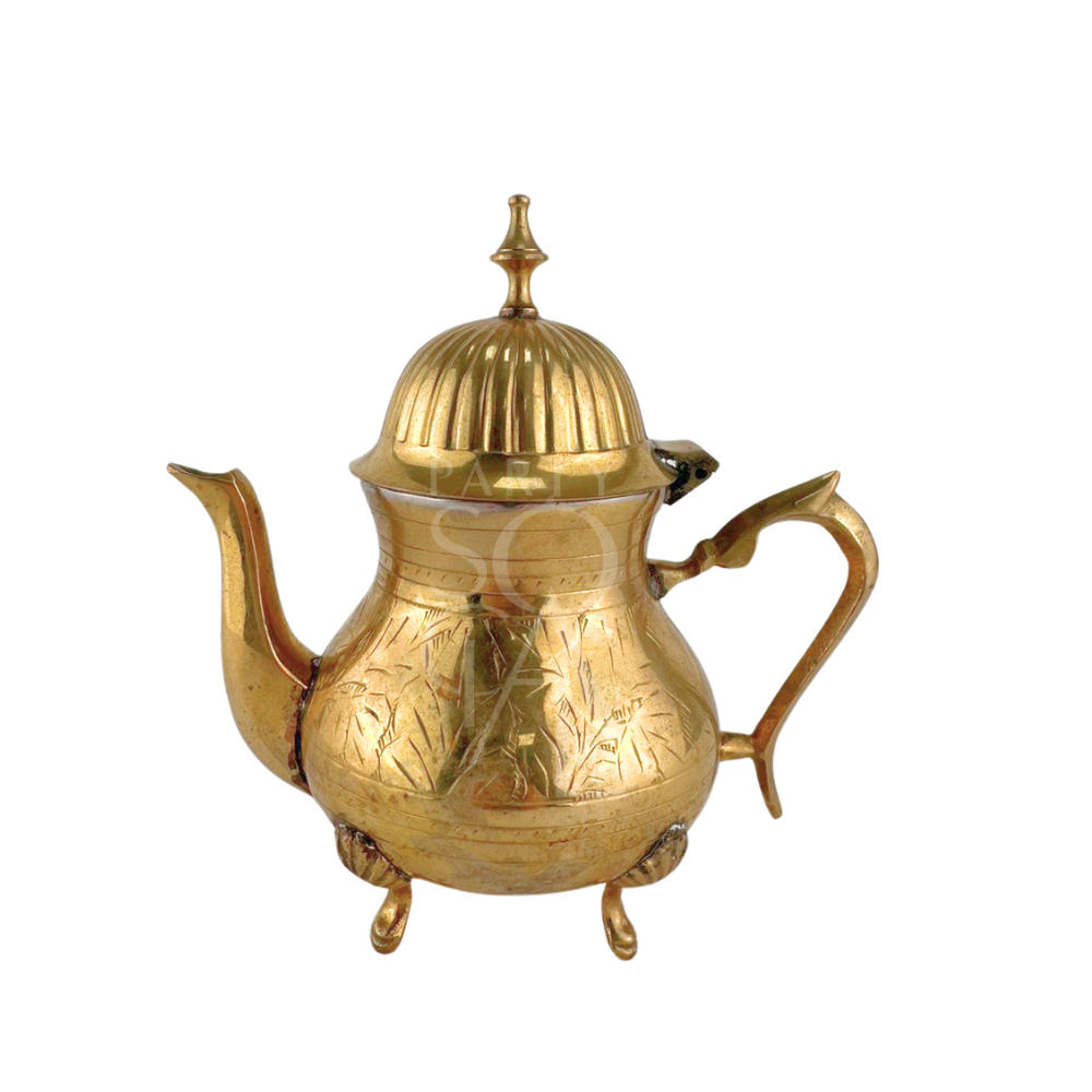 Gold teapot with lid, part of Arabic Table Accessories, ideal for adding authentic flair to event table settings.