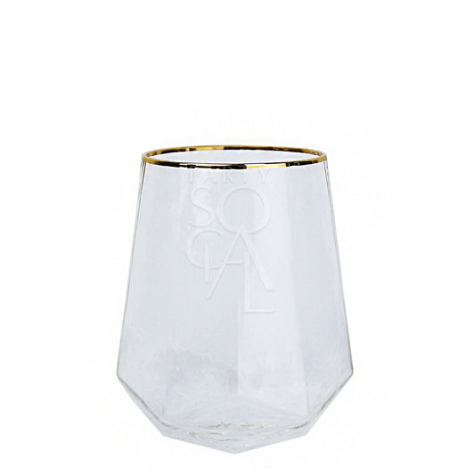 GOLD RIMMED GEOMETRIC GLASSES showcasing a clear, elegantly designed champagne glass with a gold rim, ideal for enhancing premium tablescapes and special events.