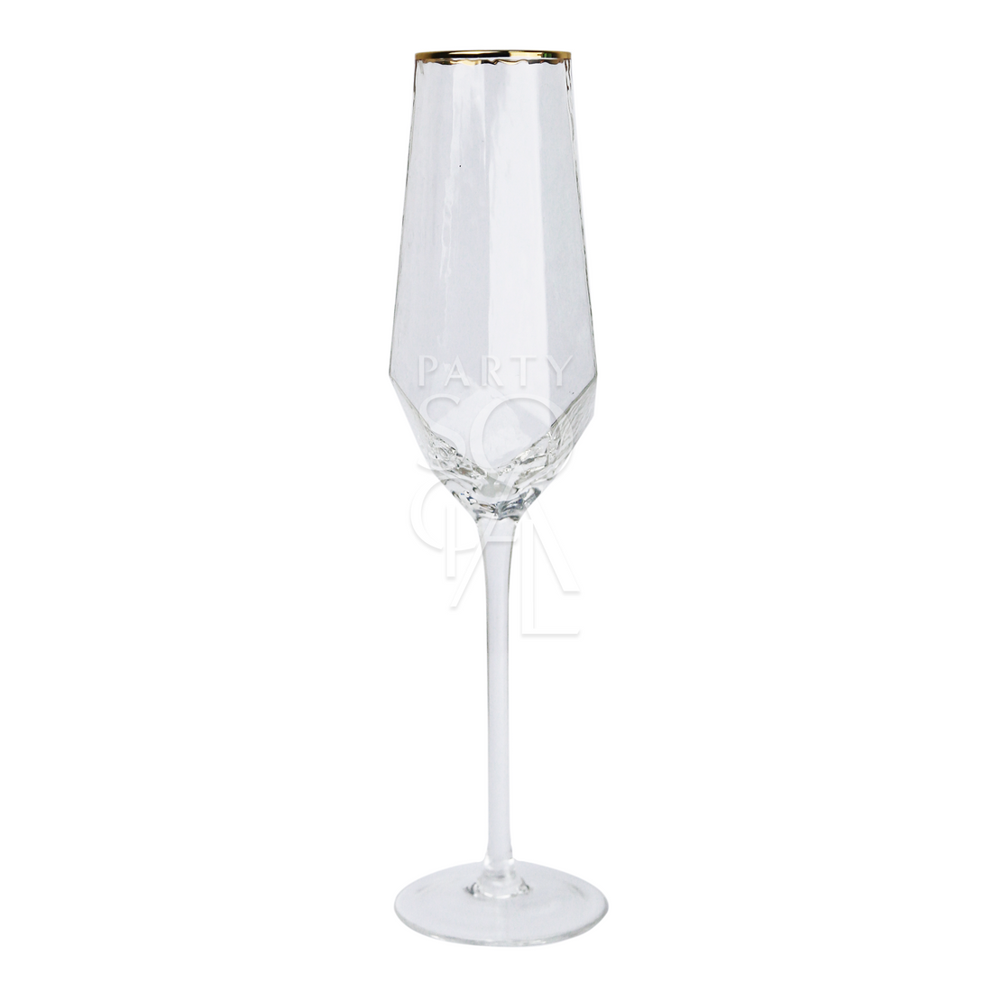 Gold rimmed geometric champagne glass, perfect for enhancing elegant table settings at events, part of the Party Social glassware collection.