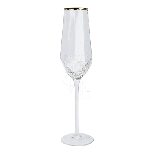 Gold rimmed geometric champagne glass, perfect for enhancing elegant table settings at events, part of the Party Social glassware collection.