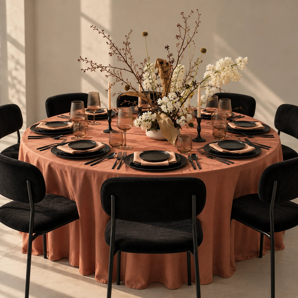 A round dining table set for six with a draped terracotta tablecloth, black chairs, black plates, clear glassware, and a central floral arrangement in a warm, sunlit room.
