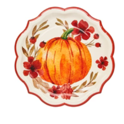 Autumn Foliage Dinner Plate featuring a pumpkin design, ideal for enhancing your party table setting. Comes in a package of eight.